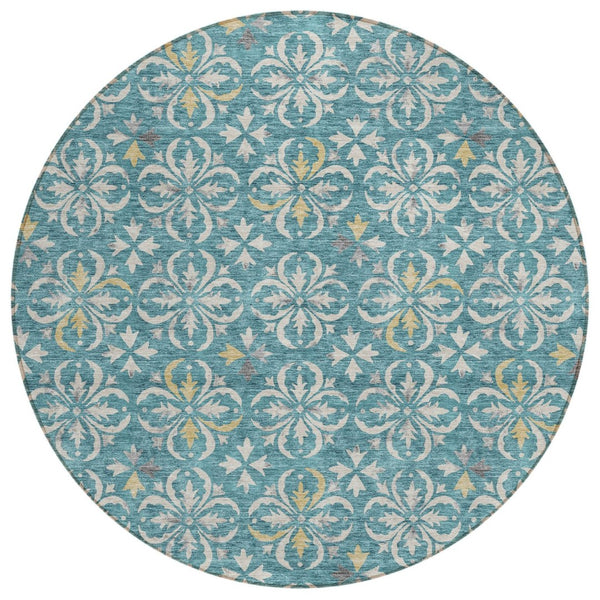 HomeRoots 5' Teal Blue Gray Gold Floral Area Rug - Durable, Washable Design for Indoor & Outdoor Elegance 8' Round 595993