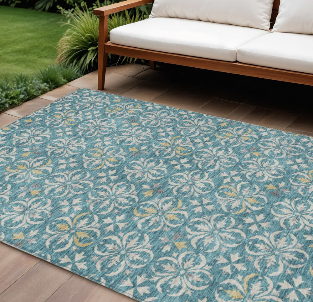 HomeRoots 9' X 12' Elegant Teal Blue Gray Gold Floral Area Rug - Washable, Durable for Indoor & Outdoor Use 595995