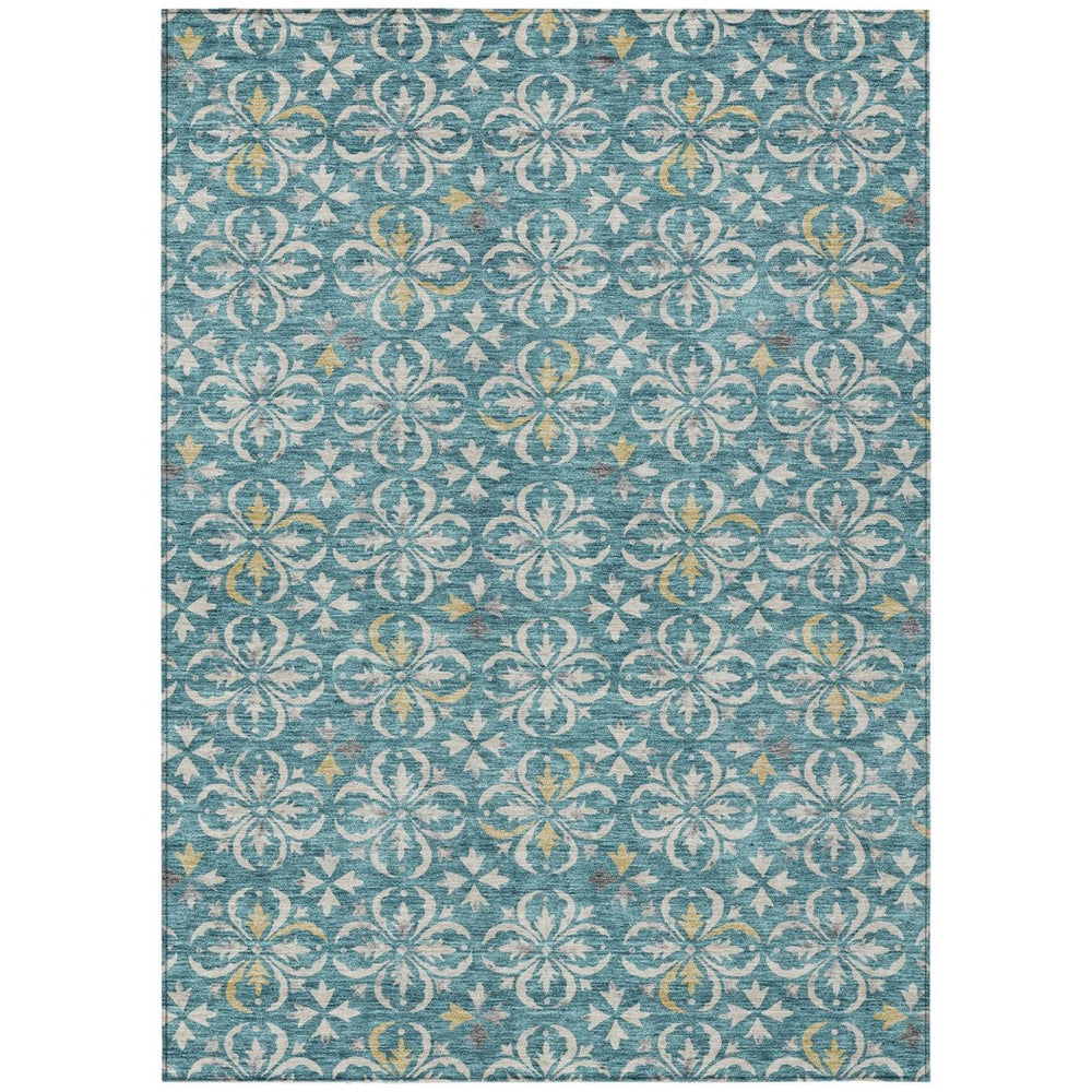 HomeRoots 9' X 12' Elegant Teal Blue Gray Gold Floral Area Rug - Washable, Durable for Indoor & Outdoor Use 595995