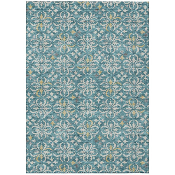 HomeRoots 9' X 12' Elegant Teal Blue Gray Gold Floral Area Rug - Washable, Durable for Indoor & Outdoor Use 595995