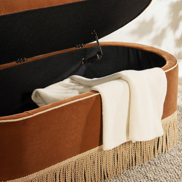 English Elm Melinda Velvet Storage Bench with Button Tufting and Bullion Fringe Bedroom Accent B2719P479032