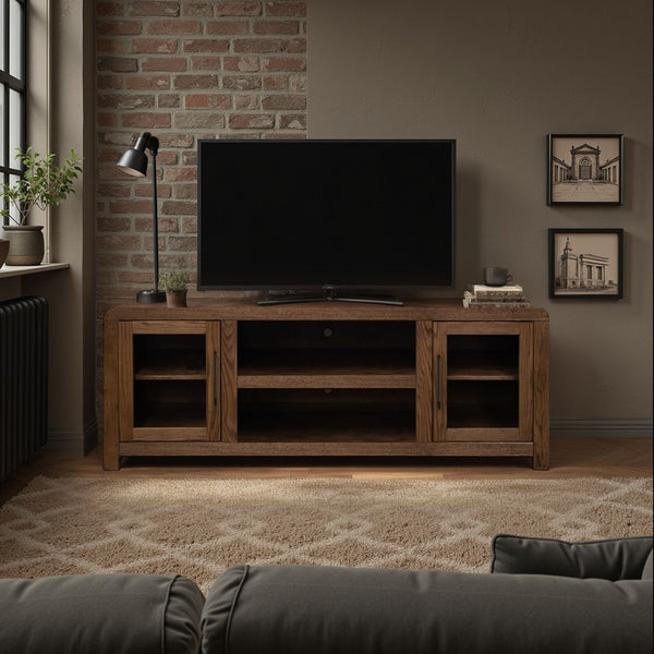 English Elm Haven 65" TV Stand Oak Bourbon with Glass Doors, No Assembly, Cable Management, Solid Oak Veneer B108P364413