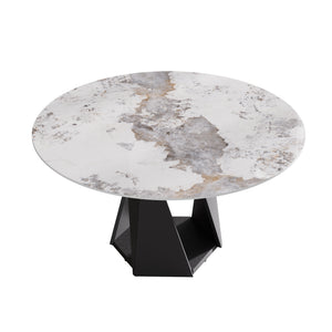 English Elm 59.05" Round Marble Dining Table With Sturdy Black Iron Base For 6-8 People - Modern Elegance W1535S00467