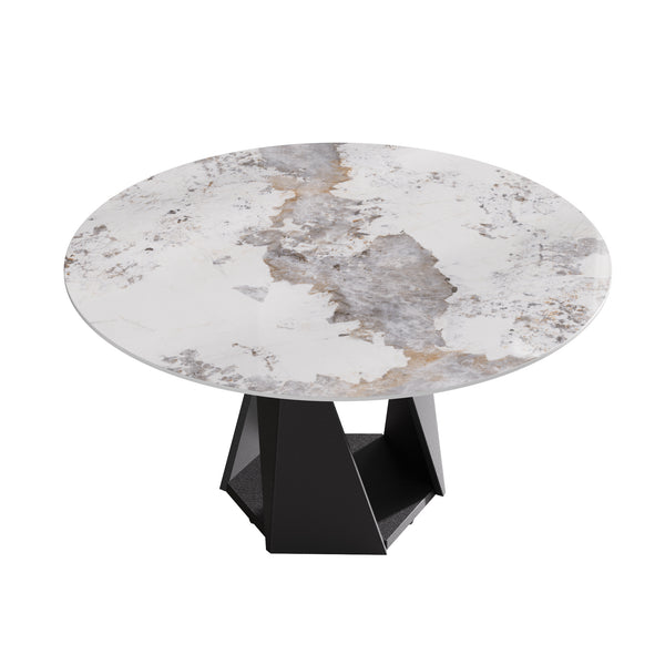 English Elm 59.05" Round Marble Dining Table With Sturdy Black Iron Base For 6-8 People - Modern Elegance W1535S00467