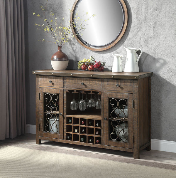 English Elm Raphaela Weathered Cherry Server with 15-Bottle Wine Rack, 4-Cup Holder, Drawers & Shelves - Rustic Elegance B2726P256328
