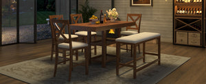 English Elm U_style Rubberwood Farmhouse Bar Table Set Expandable Crossback Chairs Bench Seating Brown WY000534AAD