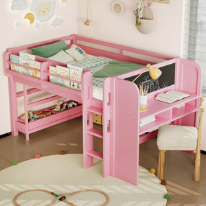 English Elm Twin Low Loft Bed Solid Pine Frame Kids Study Desk Blackboard Storage White W1580S00298