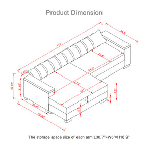 English Elm 111" Corduroy L-Shape Sectional Sofa with Convertible Chaise, Arm Storage, Reversible Cushions, Grey - Durable Solid Wood Frame, 900lb Capacity W1097S00159