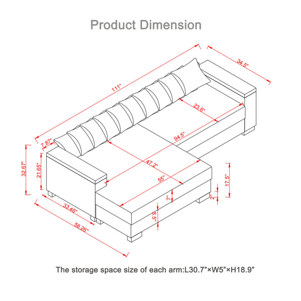 English Elm 111" Corduroy L-Shape Sectional Sofa with Convertible Chaise, Arm Storage, Reversible Cushions, Grey - Durable Solid Wood Frame, 900lb Capacity W1097S00159