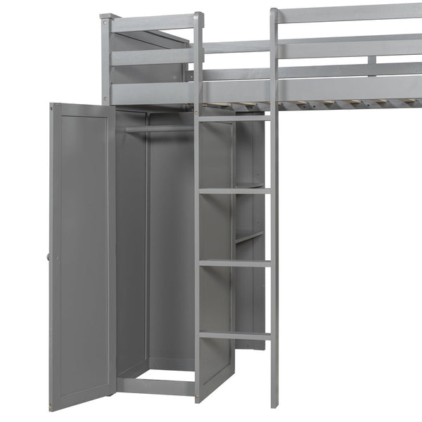 English Elm Twin Loft Bed System with Wardrobe Desk and Shelving for Kids Shared Bedroom Gray LT000820AAE-1