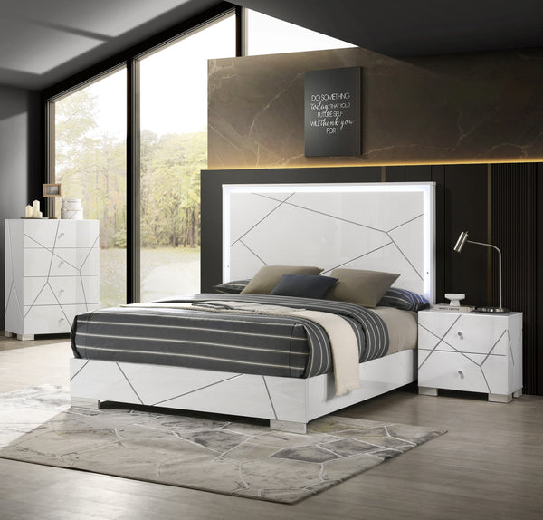 English Elm 1pc Modern Geometric Chest of Drawers with High-Gloss Finish, Sleek Hardware, Spacious Storage and Style White 34.3 L x 21.3 W x 47 H B2741P323488