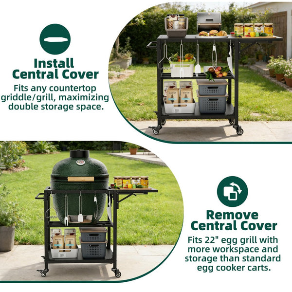 English Elm Outdoor Kamado Grill Cart with Folding Prep Surface Hooks Wheels and Storage Shelf W3190P416753