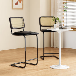 English Elm Counter Upholstered PU Leather Bar Stools Set of 2 with Rattan Back, 30" Cantilever Counter Stools Black, Anti-Slip Protectors T3623P353498