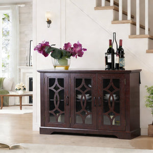English Elm 48.66" Wide Tempered Glass Door Buffet Sideboard with Adjustable Shelves Dark Finish Ox Blood Red W2899P372746