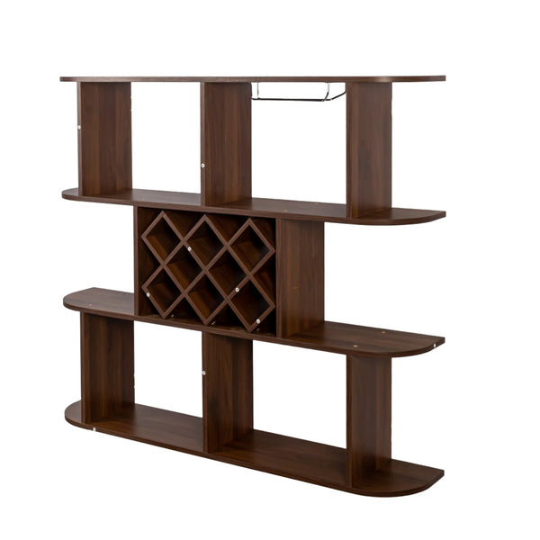 English Elm Large Rustic Wood Wall Mounted Wine Rack with Three Shelves and Stemware Rail Walnut W331P277924