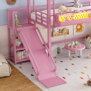 English Elm Twin Metal Loft Bed with Built-in Wardrobe Storage Stairs Led Lights and Usb Ports W5316S00046