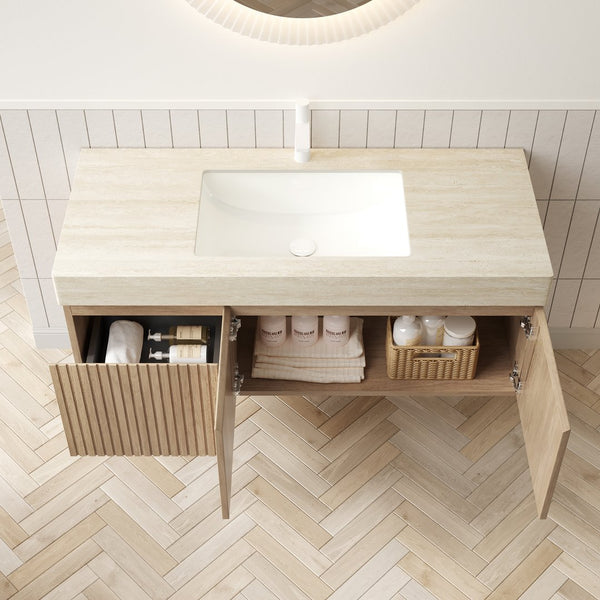 English Elm MURI Wall-Mounted 48" Bathroom Vanity with Durable Sintered Stone Top, Ceramic Basin, Soft-Close Beige,White Oak W2615S00222