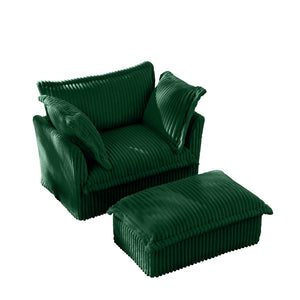 English Elm Upholstered Slipcovered Armchair Set With Wide Ottoman, Deep Cushions In Green Corduroy Fabric W3041S00077-GIGA