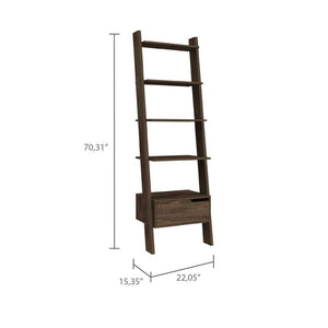 English Elm Ladder Dark Walnut Bookcase with One Drawer and Five Open Shelves, Space-Saving Leaning Design, Durable B097133049