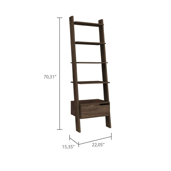 English Elm Ladder Dark Walnut Bookcase with One Drawer and Five Open Shelves, Space-Saving Leaning Design, Durable B097133049