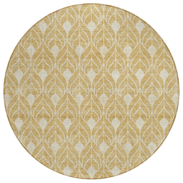 HomeRoots 5' Gold and Ivory Geometric Area Rug - Stylish, Washable, Durable for Indoor and Outdoor Spaces 8' Round 596029