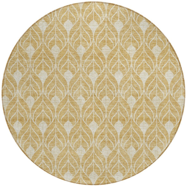 HomeRoots 5' Gold and Ivory Geometric Area Rug - Stylish, Washable, Durable for Indoor and Outdoor Spaces 8' Round 596029