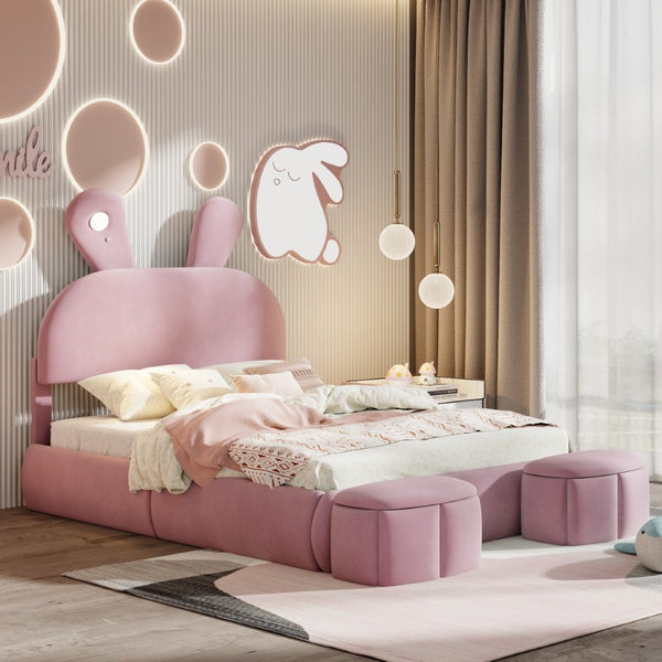 English Elm Full Pink Velvet Platform Bed Cartoon Ear Headboard Led Light Storage Stools N709P195300H-1