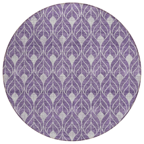 HomeRoots 5' Vibrant Purple and Ivory Geometric Washable Area Rug for Indoor and Outdoor High-Traffic Spaces 8' Round 596059