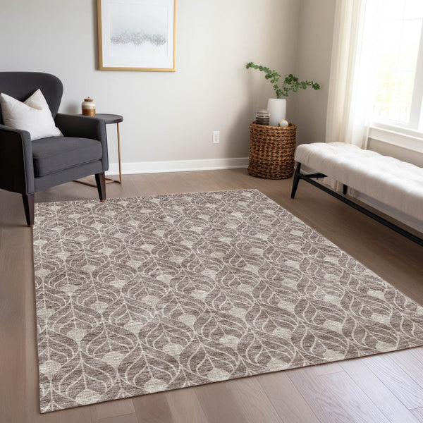 Homeroots 3' Beige And Taupe Geometric Washable Area Rug For Indoor Or Outdoor Use - Stylish And Durable 10' X 14' Polyester 596074