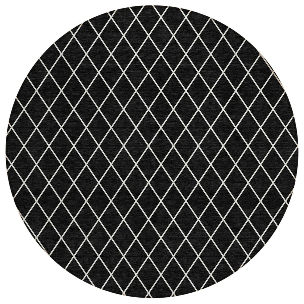 HomeRoots 5' Modern Black and Ivory Geometric Area Rug - Durable, Washable Design for Indoor and Outdoor Use 8' Round 596083