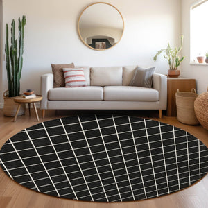 HomeRoots 5' Modern Black and Ivory Geometric Area Rug - Durable, Washable Design for Indoor and Outdoor Use 8' Round 596083