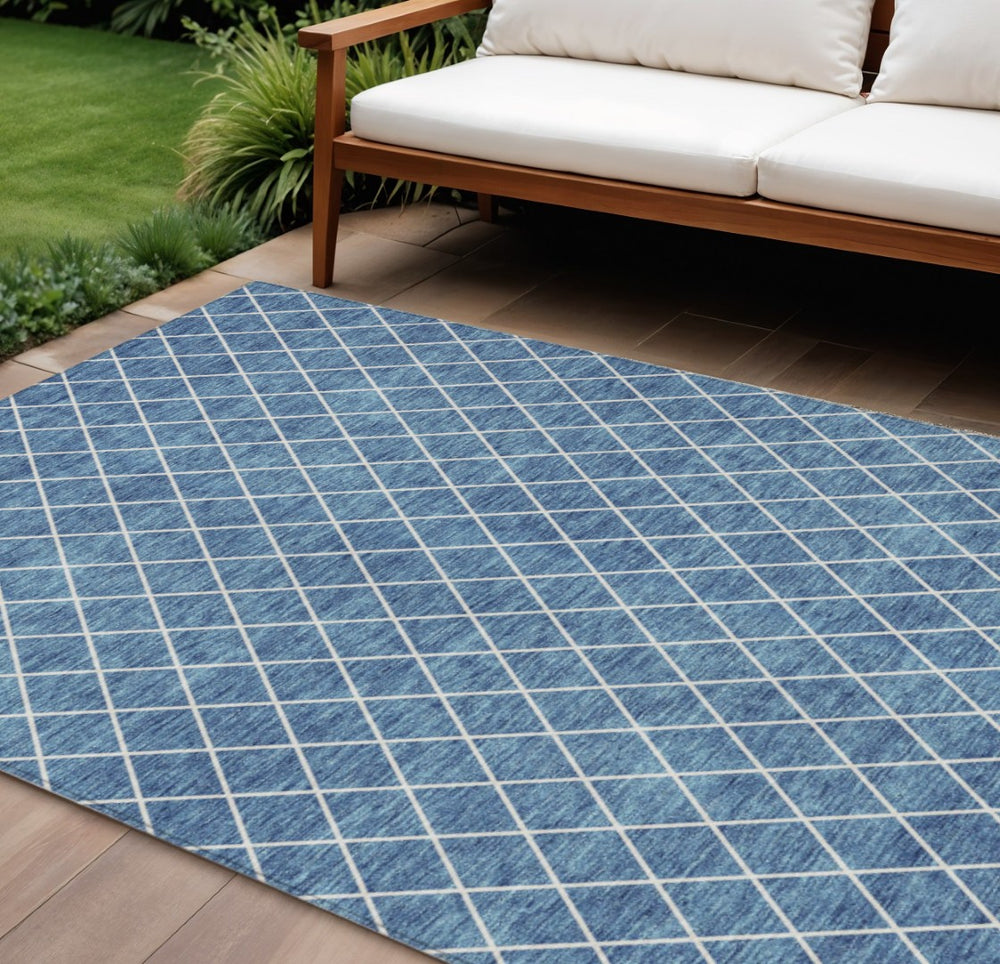 HomeRoots 9' Denim Blue and Ivory Geometric Area Rug – Stylish, Washable, Durable for Indoor/Outdoor Use 596097