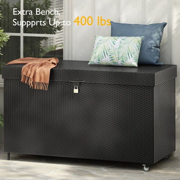 English Elm K&K 200 Gallon Wicker Deck Box with Lockable Lid, Hydraulic Pistons, Wheels, Weatherproof Storage Black N707P245457B
