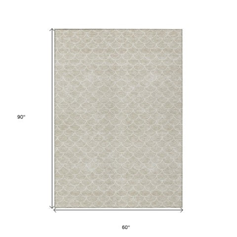 Homeroots 3' Stylish Beige And Ivory Geometric Washable Area Rug For Indoor And Outdoor Spaces, Durable Design 5' X 8' Polyester 596160