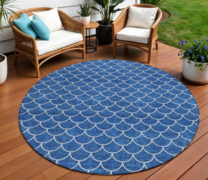 HomeRoots 5' Blue and Ivory Geometric Area Rug – Durable, Washable, Stylish for Indoor and Outdoor Spaces 8' Round 596179