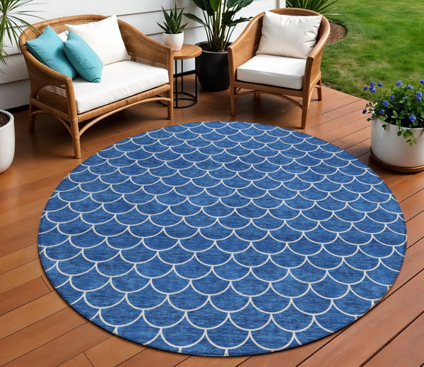HomeRoots 5' Blue and Ivory Geometric Area Rug – Durable, Washable, Stylish for Indoor and Outdoor Spaces 8' Round 596179
