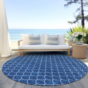 HomeRoots 5' Blue and Ivory Geometric Area Rug – Durable, Washable, Stylish for Indoor and Outdoor Spaces 8' Round 596179