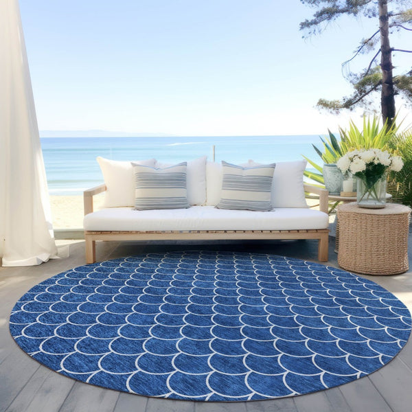 HomeRoots 5' Blue and Ivory Geometric Area Rug – Durable, Washable, Stylish for Indoor and Outdoor Spaces 8' Round 596179
