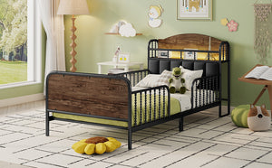 English Elm Twin Solid Wood Platform Bed with Guardrail for Kids, Low-Profile Sturdy Pine Frame, Safe Sleep Solution Black 43.7 L x 16.93 W x 9.65 H W2593P337436