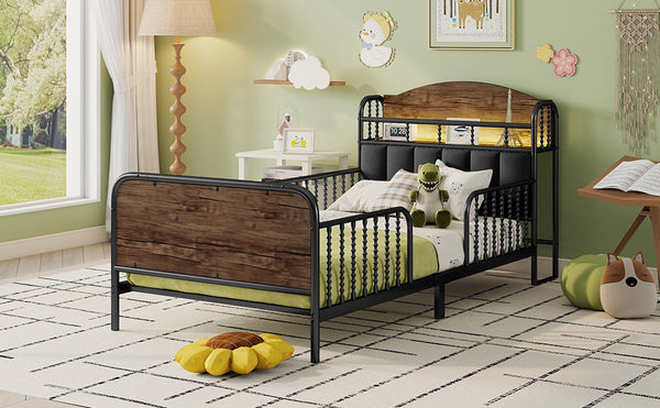 English Elm Twin Solid Wood Platform Bed with Guardrail for Kids, Low-Profile Sturdy Pine Frame, Safe Sleep Solution Black 43.7 L x 16.93 W x 9.65 H W2593P337436