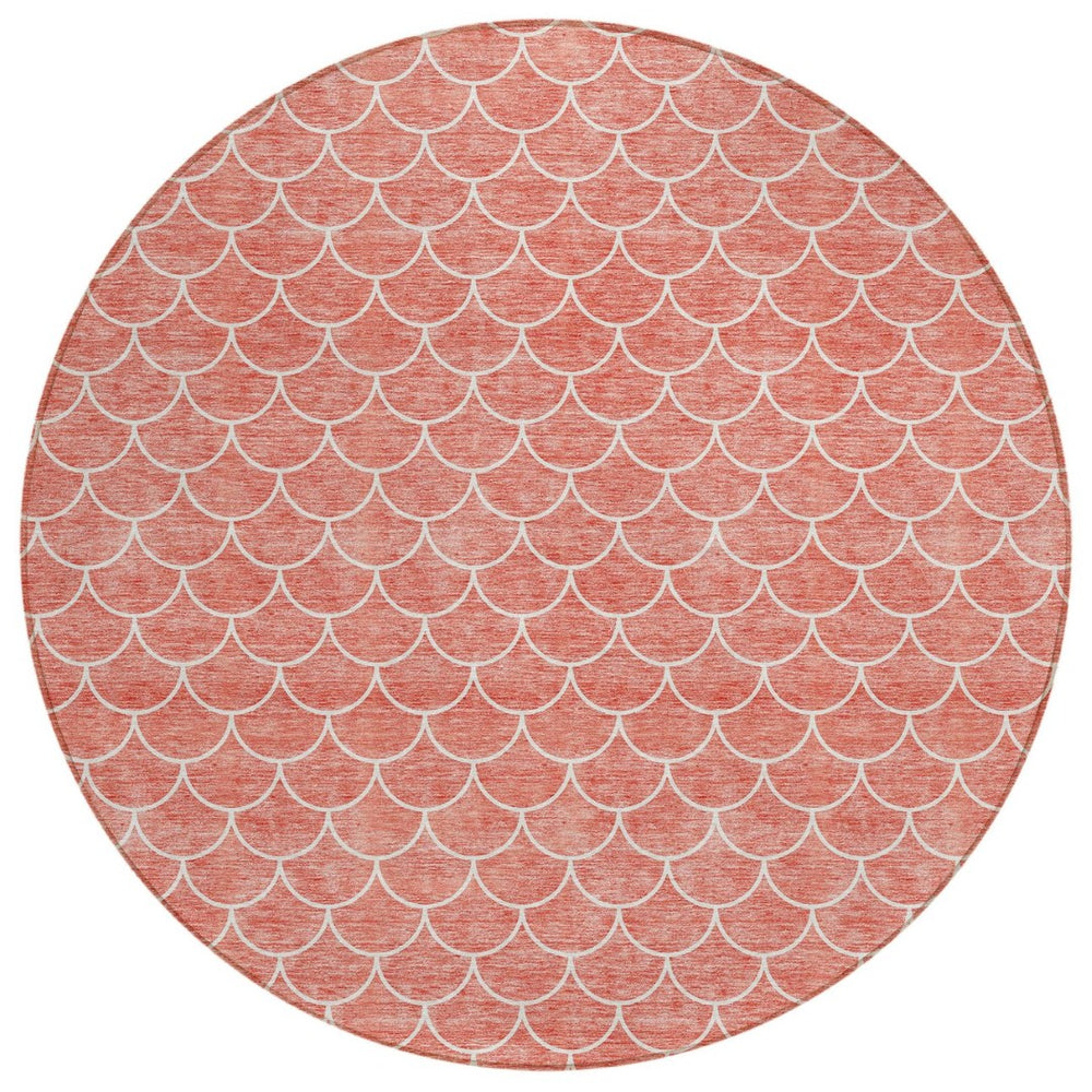 HomeRoots 5' Salmon and Ivory Geometric Area Rug - Stylish, Washable, Indoor/Outdoor Durability for Any Space 8' Round 596203