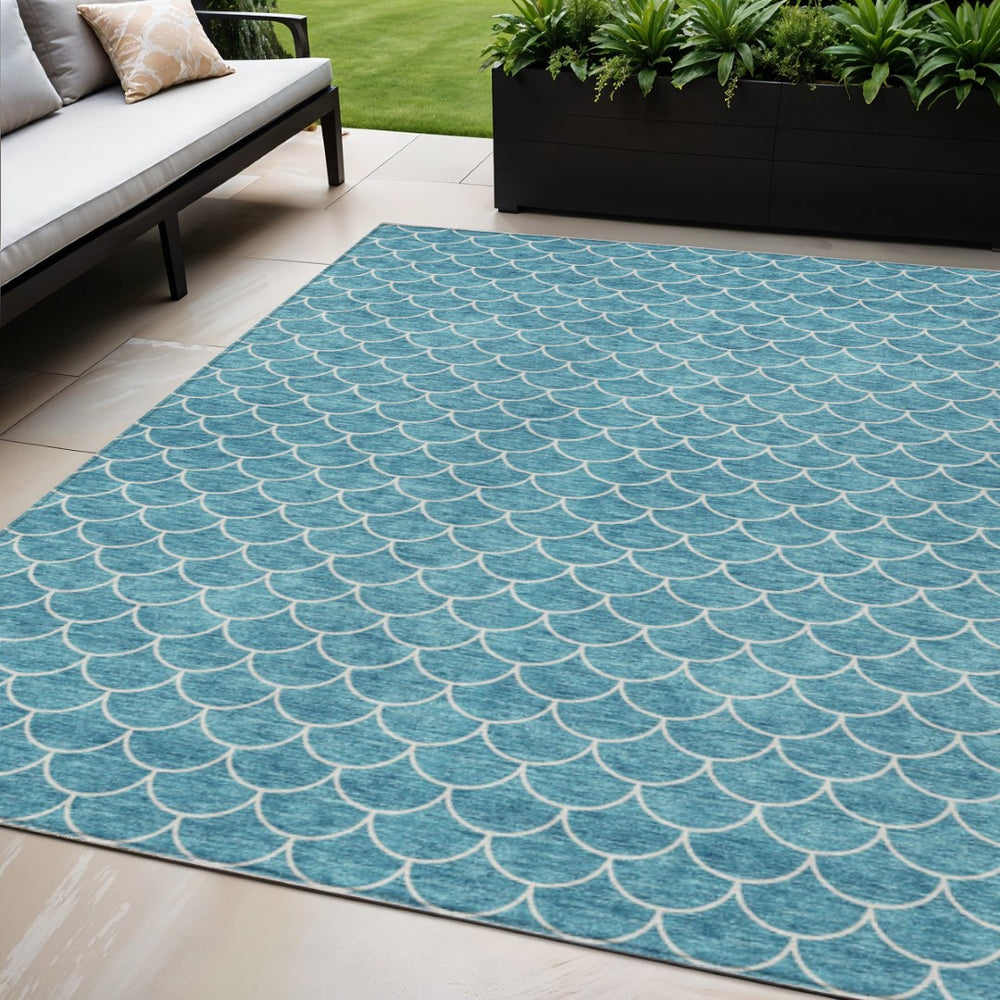 HomeRoots 5' Teal Blue and Ivory Geometric Area Rug – Stylish, Washable, Durable for Indoor and Outdoor Use 5' X 8' 596208