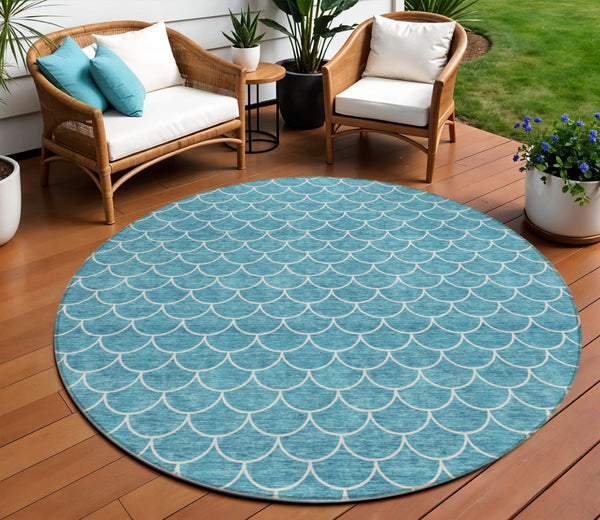 HomeRoots 5' Teal Blue and Ivory Geometric Area Rug – Stylish, Washable, Durable for Indoor and Outdoor Use 8' Round 596209
