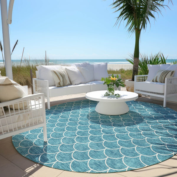 HomeRoots 5' Teal Blue and Ivory Geometric Area Rug – Stylish, Washable, Durable for Indoor and Outdoor Use 8' Round 596209