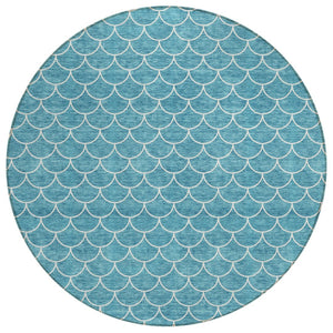 HomeRoots 5' Teal Blue and Ivory Geometric Area Rug – Stylish, Washable, Durable for Indoor and Outdoor Use 8' Round 596209