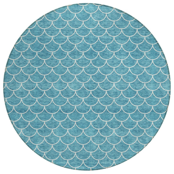 HomeRoots 5' Teal Blue and Ivory Geometric Area Rug – Stylish, Washable, Durable for Indoor and Outdoor Use 8' Round 596209
