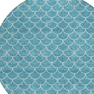 HomeRoots 5' Teal Blue and Ivory Geometric Area Rug – Stylish, Washable, Durable for Indoor and Outdoor Use 8' Round 596209