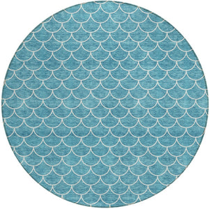 HomeRoots 5' Teal Blue and Ivory Geometric Area Rug – Stylish, Washable, Durable for Indoor and Outdoor Use 8' Round 596209