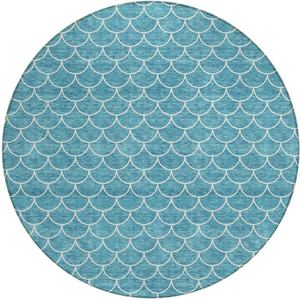 HomeRoots 5' Teal Blue and Ivory Geometric Area Rug – Stylish, Washable, Durable for Indoor and Outdoor Use 8' Round 596209
