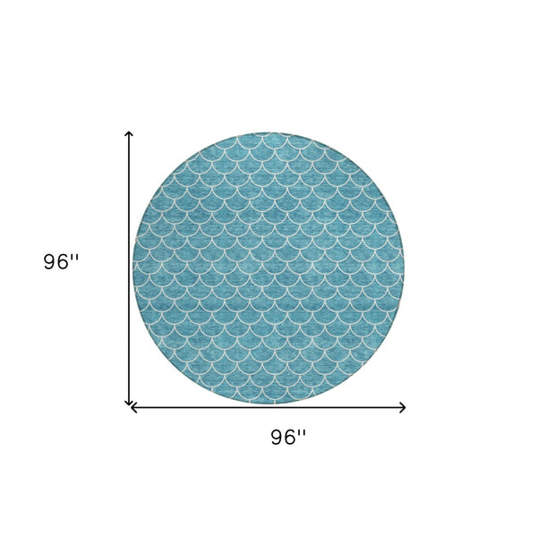 HomeRoots 5' Teal Blue and Ivory Geometric Area Rug – Stylish, Washable, Durable for Indoor and Outdoor Use 8' Round 596209